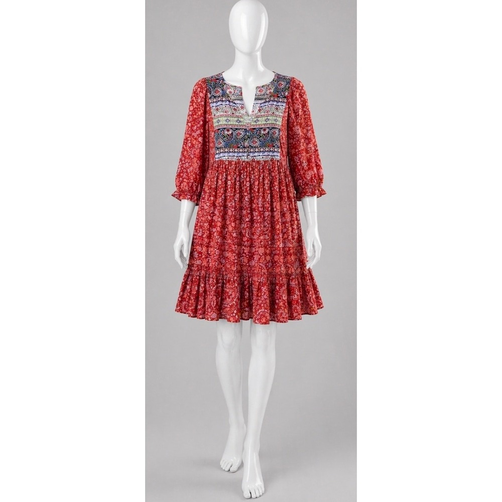Umgee USA Boho Floral Paisley Mixed Media Babydoll Dress Red Women Size S